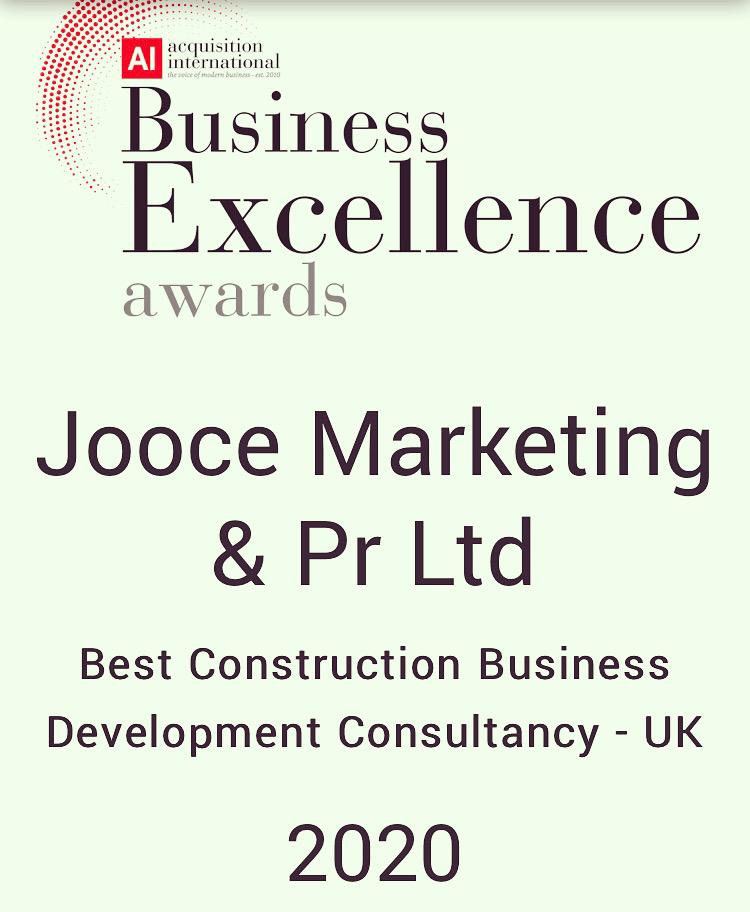 Jooce Marketing & PR Wins Business Excellence Award – Best Construction Business Development Consultancy 2020